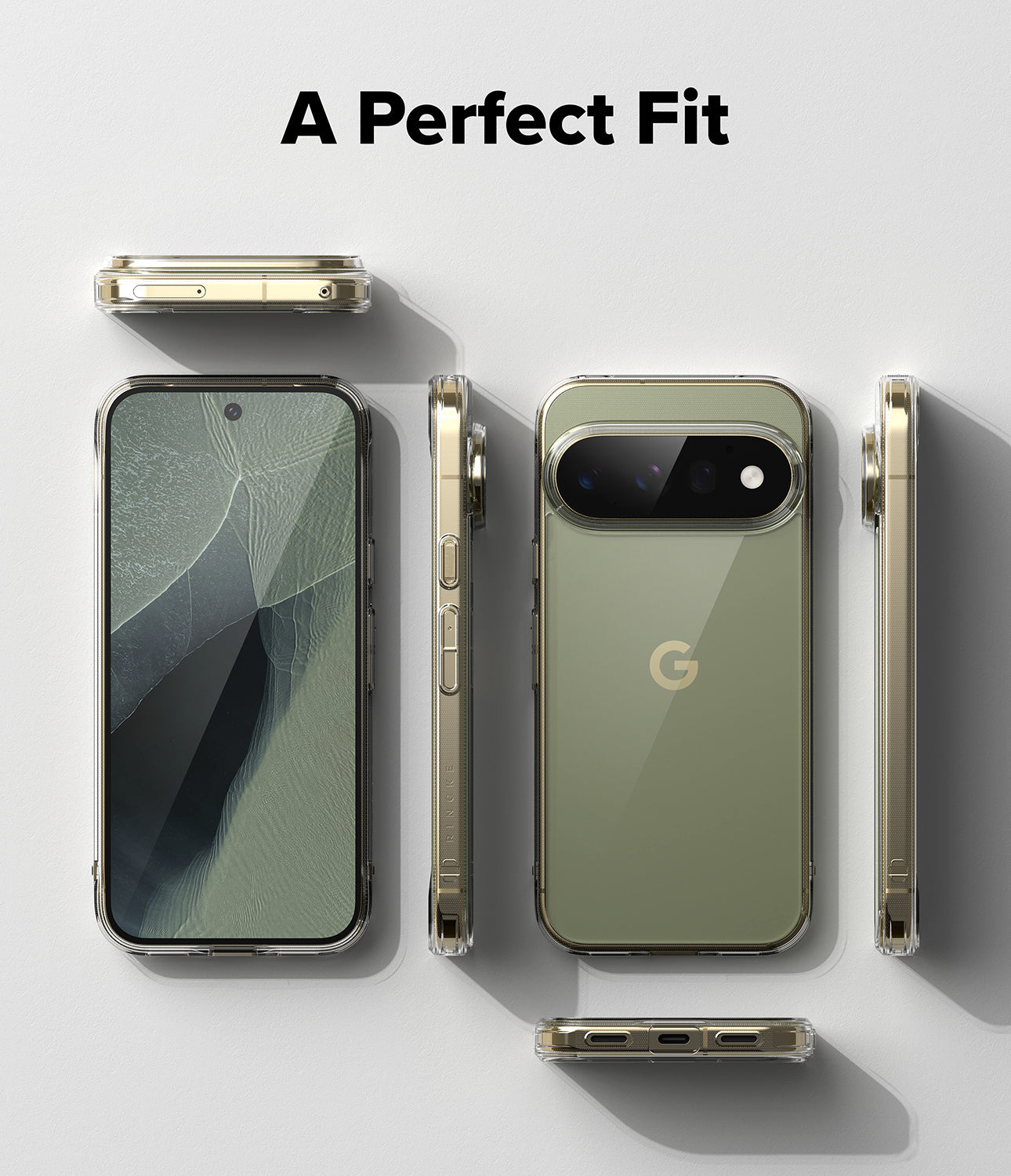 Pixel 11 Pro Case | Fusion - A clear smartphone case shown on a phone from multiple angles, with the text 'A Perfect Fit' at the top. The phone has an olive green back and a gold-toned case edge, photographed on a light gray background.