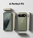 Pixel 11 Pro Case | Fusion - A clear smartphone case shown on a phone from multiple angles, with the text 'A Perfect Fit' at the top. The phone has an olive green back and a gold-toned case edge, photographed on a light gray background.