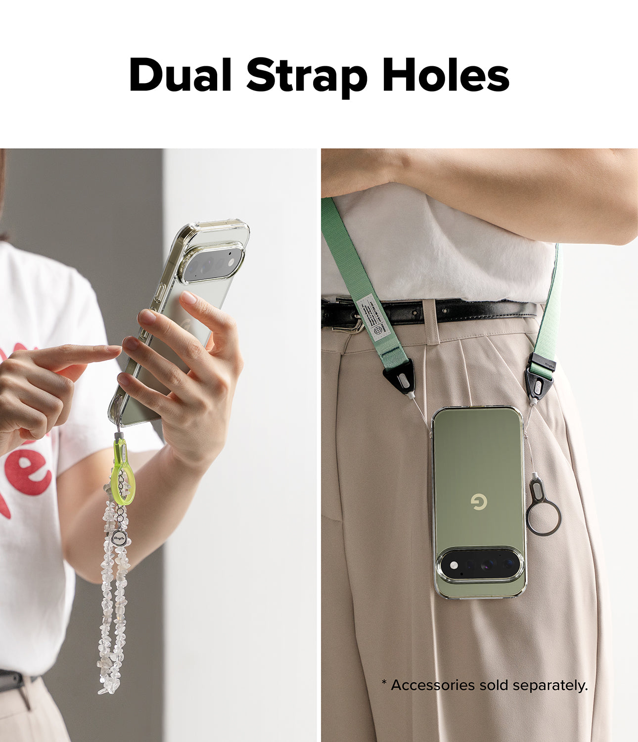 Pixel 11 Pro Case | Fusion - A split-panel product demonstration showing a phone accessory with dual strap holes. The left panel shows a person holding a phone with a clear case and a dangling charm, pointing to the strap attachment.