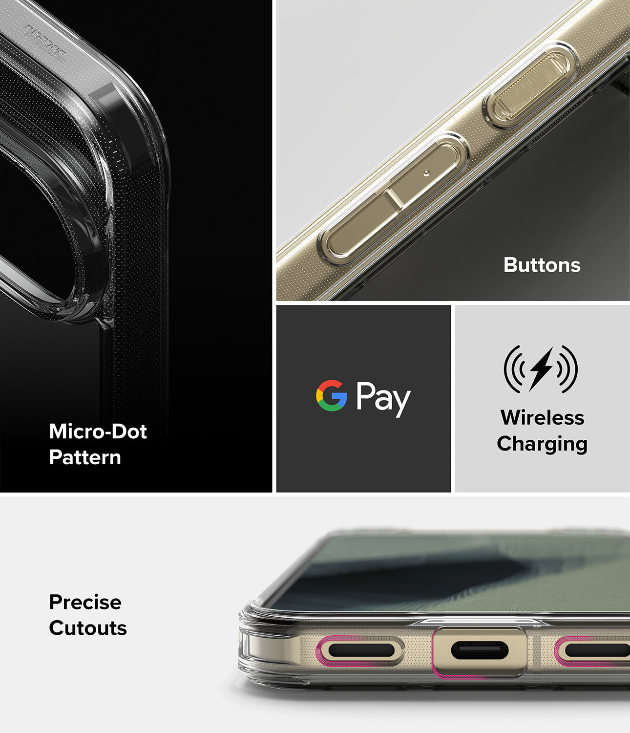 Pixel 11 Pro Case | Fusion Matte - A clear protective phone case shown in a multi-panel feature graphic. The collage highlights the case's transparent bumper, precise cutouts for buttons and ports, a micro-dot camera pattern, and compatibility with wireless charging and Google Pay.