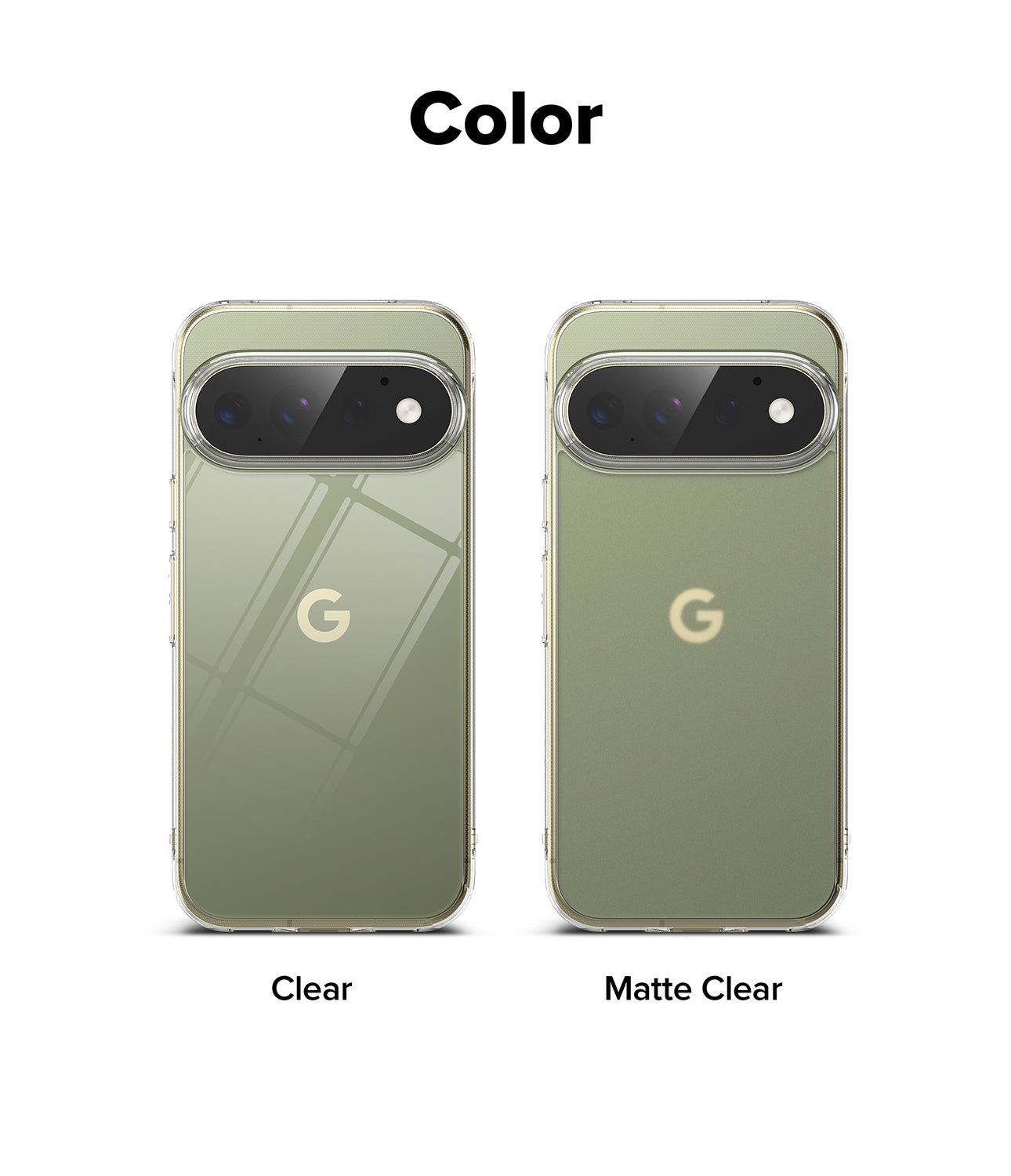 Pixel 11 Pro Case | Fusion Matte - A color comparison graphic showing two smartphone back views on a white background, labeled 'Color' at the top and 'Clear' and 'Matte Clear' below. The phone on the left is labeled 'Clear' and has a reflective olive-green tint, while the phone on the right is labeled 'Matte Clear' and appears lighter and less reflective.