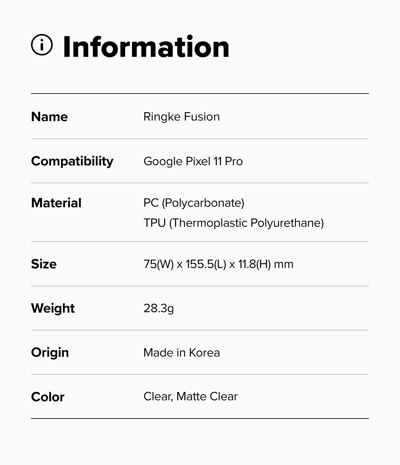 Pixel 11 Pro Case | Fusion Matte - Product information card for Ringke Fusion case with specifications on a white background