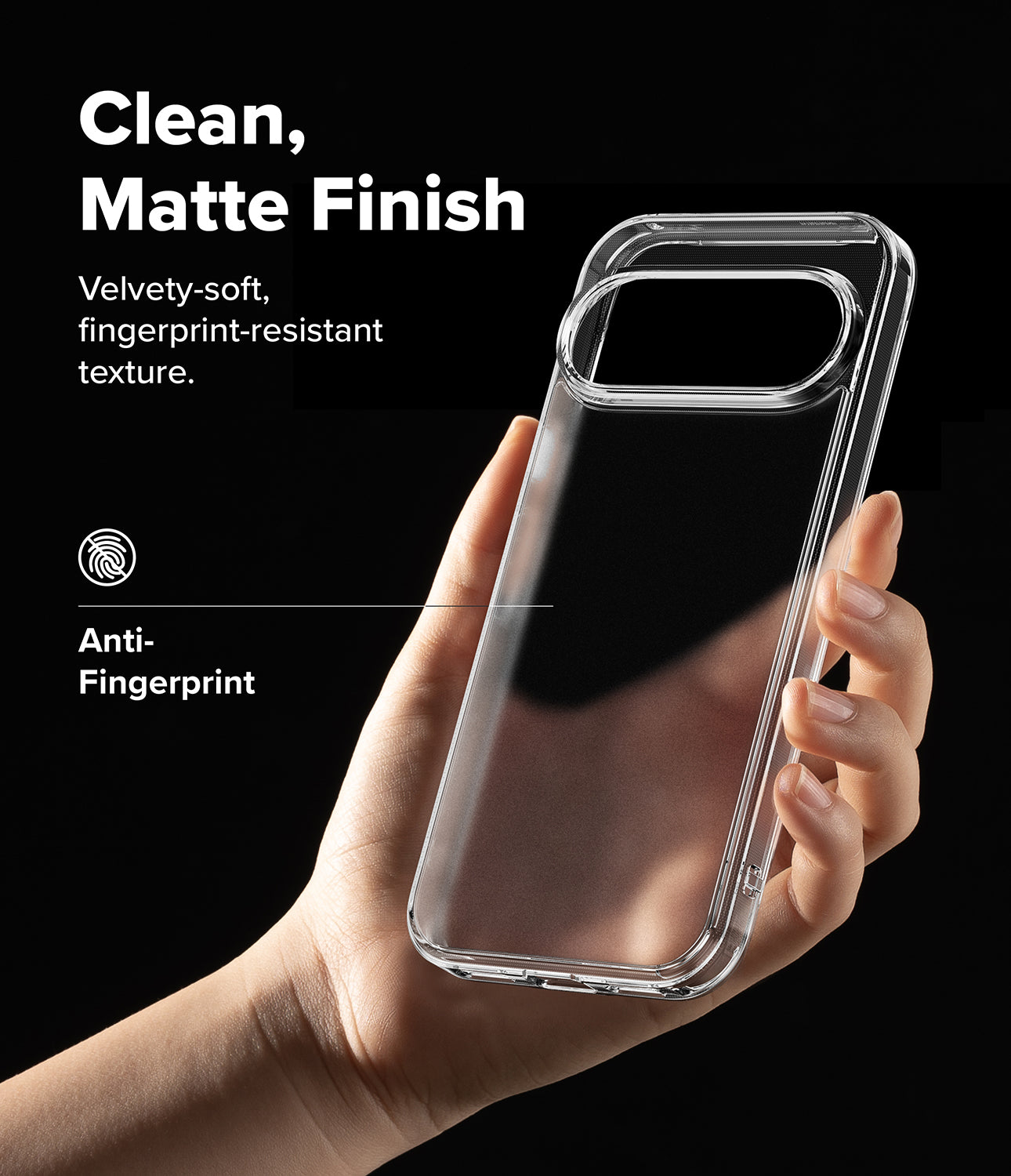 Pixel 11 Pro Case | Fusion Matte - A hand holding a clear, transparent phone case with a matte finish against a solid black background, with promotional text highlighting its clean, fingerprint-resistant texture.