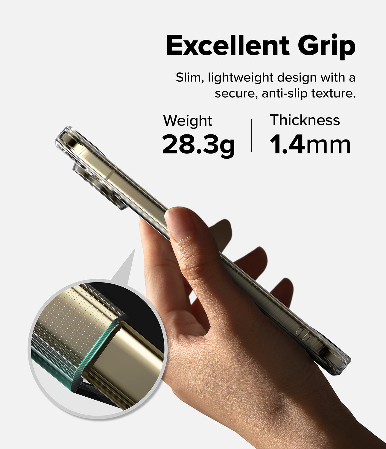 Pixel 11 Pro Case | Fusion Matte - A hand holds a slim metallic phone case against a light gray background, with text reading 'Excellent Grip' and weight/thickness specs. A circular inset shows a close-up of the textured case edge.
