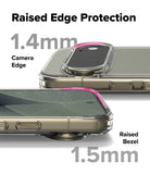Pixel 11 Pro Case | Fusion Matte - Transparent phone case with raised edge protection shown on a smartphone, with text labels indicating 1.4mm camera edge protection and 1.