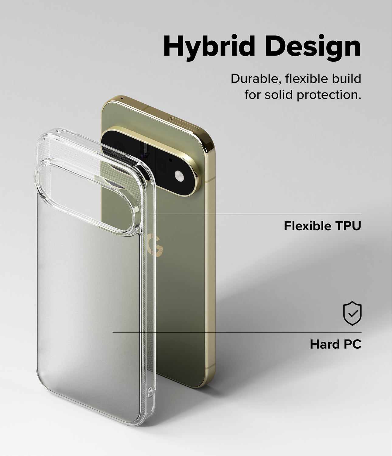 Pixel 11 Pro Case | Fusion Matte - A clear hybrid phone case shown over a gold smartphone on a light gray background, with text reading 'Hybrid Design,' 'Flexible TPU,' and 'Hard PC' to explain the product features.
