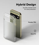 Pixel 11 Pro Case | Fusion Matte - A clear hybrid phone case shown over a gold smartphone on a light gray background, with text reading 'Hybrid Design,' 'Flexible TPU,' and 'Hard PC' to explain the product features.