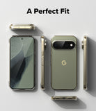 Pixel 11 Pro Case | Fusion Matte - A clear smartphone case shown on a phone from multiple angles, with the back view featuring a muted sage green tint and a gold Google 'G' logo. The text 'A Perfect Fit' appears at the top on a light gray background.