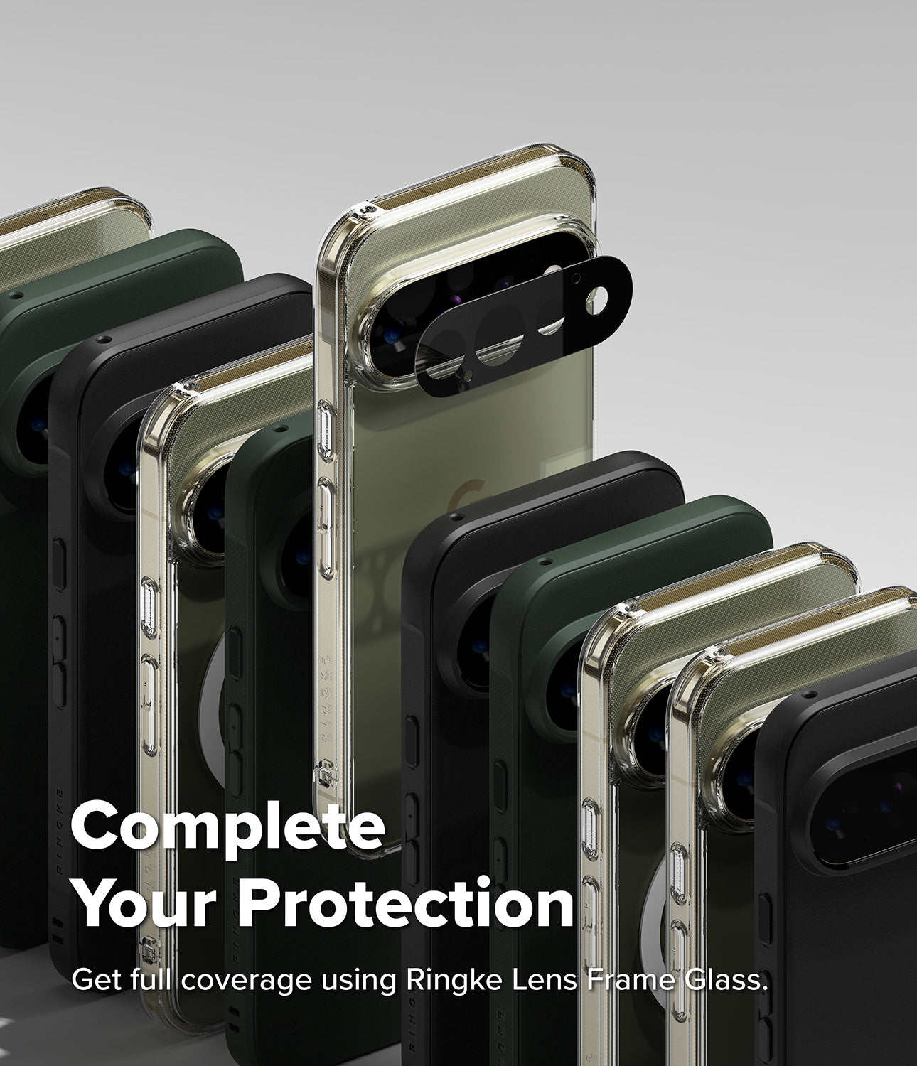 Pixel 11 Pro Case | Fusion Matte - A promotional product shot showing multiple smartphone cases arranged in a fan-like stack, with one clear case highlighted and a black lens protector accessory attached. Large text reads 'Complete Your Protection' and 'Get full coverage using Ringke Lens Frame Glass.