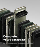 Pixel 11 Pro Case | Fusion Matte - A promotional product shot showing multiple smartphone cases arranged in a fan-like stack, with one clear case highlighted and a black lens protector accessory attached. Large text reads 'Complete Your Protection' and 'Get full coverage using Ringke Lens Frame Glass.