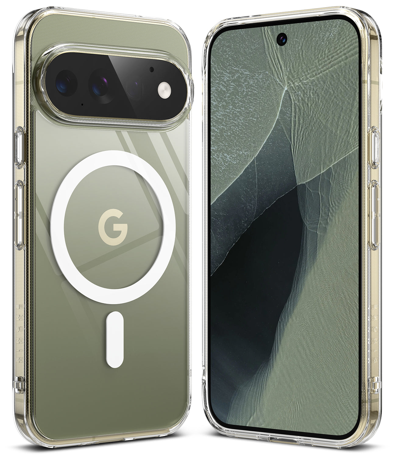 Google Pixel 11 Pro Case | Fusion Magnetic - A clear protective phone case shown on a smartphone from the back and front. The back of the phone features an olive green tinted backplate with a white MagSafe ring and a gold Google 'G' logo, while the front displays a matching green-tinted screen protector or screen overlay.