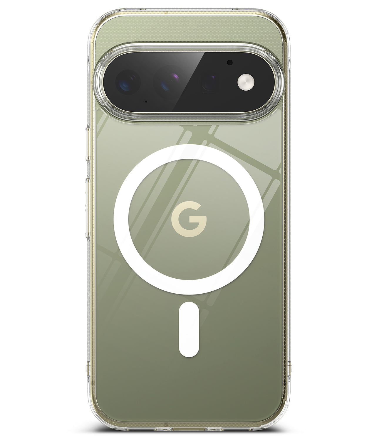 Google Pixel 11 Pro Case | Fusion Magnetic - A clear MagSafe-compatible phone case on a Google Pixel smartphone, showing a sage green phone back with a white circular MagSafe ring and a gold Google 'G' logo in the center.