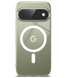 Google Pixel 11 Pro Case | Fusion Magnetic - A clear MagSafe-compatible phone case on a Google Pixel smartphone, showing a sage green phone back with a white circular MagSafe ring and a gold Google 'G' logo in the center.
