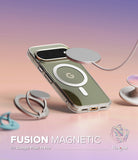 Google Pixel 11 Pro Case | Fusion Magnetic - A clear magnetic phone case with a metallic gold interior, shown on a smartphone with a circular MagSafe ring and a fold-out ring grip. The image has a pink and purple gradient background with text reading 'FUSION MAGNETIC for Google Pixel 11 Pro' and the Ringke logo.