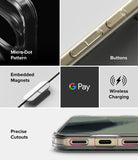 Google Pixel 11 Pro Case | Fusion Magnetic - A 5-panel product feature collage for a clear smartphone case. The panels show close-ups of the case on a phone: a black panel with a Micro-Dot Pattern label, a gold-toned side with Buttons label, a white panel with Embedded Magnets label, a dark gray panel with Google Pay and Wireless Charging label, and a white panel with Precise Cutouts label.