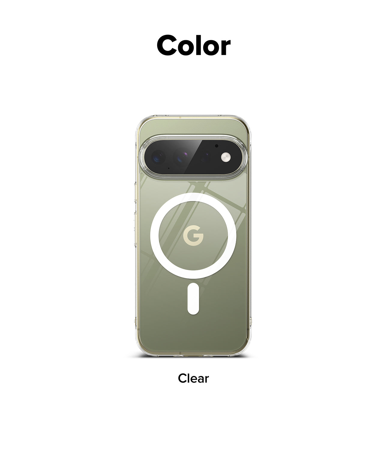 Google Pixel 11 Pro Case | Fusion Magnetic - A clear phone case shown on a smartphone against a white background, with the word 'Color' above and 'Clear' below. The case appears transparent with a metallic olive-green tint and a white MagSafe ring graphic printed on the back.