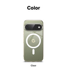Google Pixel 11 Pro Case | Fusion Magnetic - A clear phone case shown on a smartphone against a white background, with the word 'Color' above and 'Clear' below. The case appears transparent with a metallic olive-green tint and a white MagSafe ring graphic printed on the back.