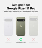 Google Pixel 11 Pro Case | Fusion Magnetic - Compatibility graphic for a phone case designed for the Google Pixel 11 Pro, showing three phone back views: a white case on the left, a sage green case in the center with a green circle icon, and a white case on the right. Text above says 'Designed for Google Pixel 11 Pro' and below the center phone says 'Google Pixel 11 Pro'; pink X marks appear under the left and right phones.