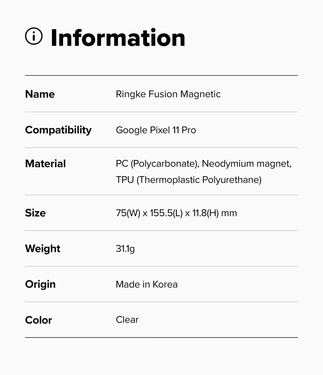 Google Pixel 11 Pro Case | Fusion Magnetic - Product information card for Ringke FusionX Magnetic case with specifications.