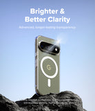 Google Pixel 11 Pro Case | Fusion Magnetic - A clear MagSafe-compatible phone case shown on a smartphone, standing on dark rocks against a light blue sky. White text at the top reads 'Brighter & Better Clarity' with smaller text below about transparency, and small disclaimer text appears near the bottom.