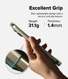 Google Pixel 11 Pro Case | Fusion Magnetic - A hand holds a slim metallic phone case at an angle, with text reading 'Excellent Grip' and weight/thickness specs. A circular inset shows a close-up of the textured grip edge.