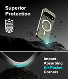 Google Pixel 11 Pro Case | Fusion Magnetic - A transparent protective phone case with a metallic silver edge is shown floating above dark rocky terrain. The image includes marketing text reading 'Superior Protection,' a military-grade badge, and 'Impact-Absorbing Air Pocket Corners,' with a close-up of the curved transparent corner area glowing with a cyan effect.
