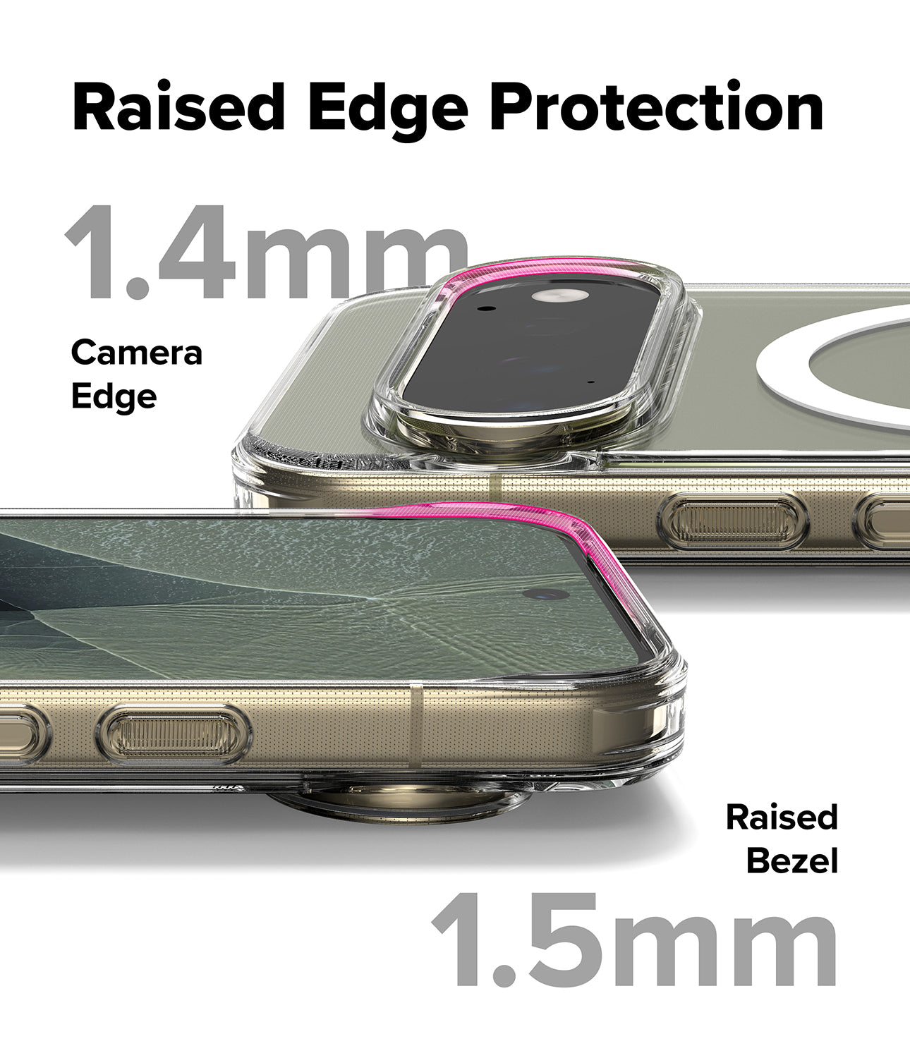 Google Pixel 11 Pro Case | Fusion Magnetic - Transparent phone case with raised camera and bezel protection, shown on a phone from front and back angles with text indicating 1.4mm camera edge and 1.