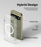 Google Pixel 11 Pro Case | Fusion Magnetic - A clear hybrid phone case shown beside a gold smartphone on a light gray background, with text reading 'Hybrid Design' and callouts for Flexible TPU, Hard PC, and Neodymium Magnet.