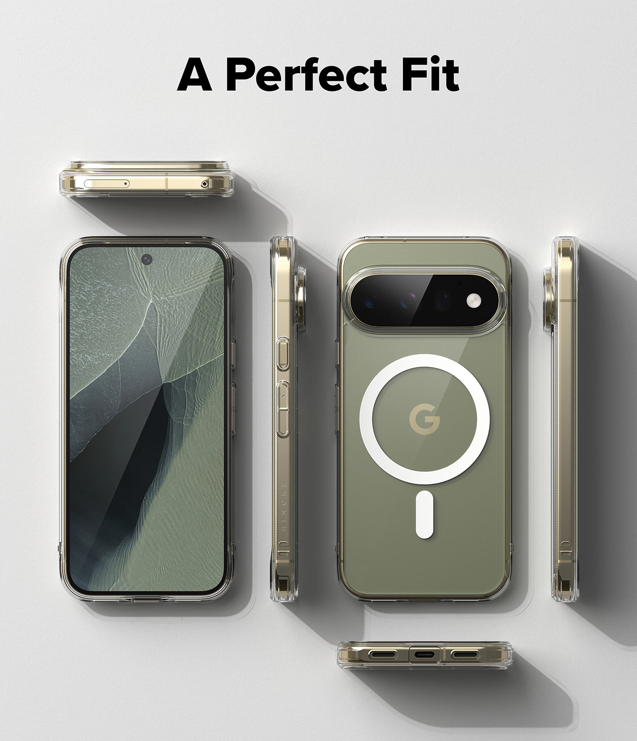 Google Pixel 11 Pro Case | Fusion Magnetic - A clear phone case shown from multiple angles on a smartphone, with the back view featuring a large white MagSafe-style ring and a gold 'G' logo. The text 'A Perfect Fit' appears at the top on a light gray background.
