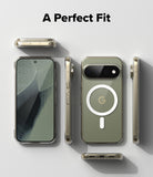 Google Pixel 11 Pro Case | Fusion Magnetic - A clear phone case shown from multiple angles on a smartphone, with the back view featuring a large white MagSafe-style ring and a gold 'G' logo. The text 'A Perfect Fit' appears at the top on a light gray background.