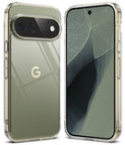 Pixel 11 Pro Case | Fusion - A clear protective phone case shown on a smartphone from the back and front, with a metallic sage green phone visible inside. The back of the phone features a gold Google 'G' logo, and the screen displays a dark abstract wallpaper.