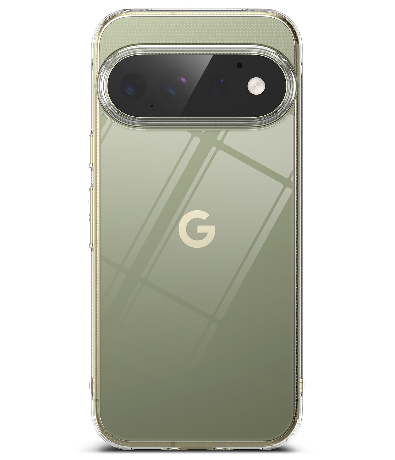 Google Pixel 11 Pro XL Case | Fusion - A clear protective phone case fitted on a Google Pixel smartphone, showing the phone's olive green back panel and a gold Google 'G' logo. The case itself is transparent, visible around the edges and camera cutout.