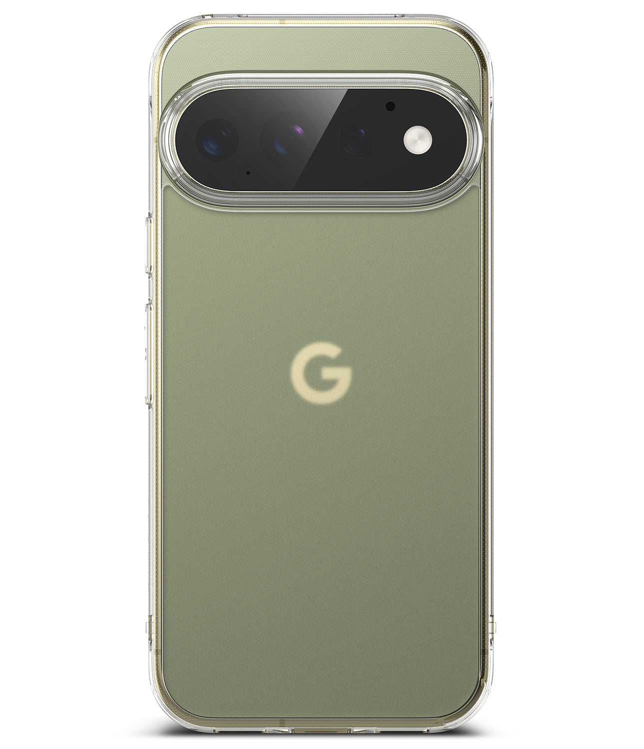 Google Pixel 11 Pro XL Case | Fusion Matte - A clear protective phone case fitted on a Google Pixel smartphone, showing an olive green phone back with a light gold Google 'G' logo and a transparent camera bumper, set against a plain white background.
