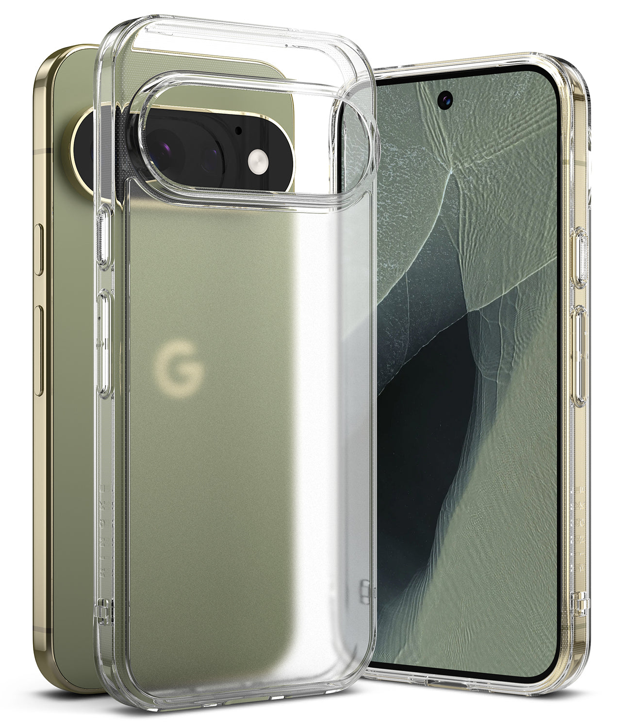 Pixel 11 Pro Case | Fusion Matte - A clear protective phone case shown on a smartphone, with two views of the phone behind it on a clean white background. The case is transparent and fitted around the edges of the phone.