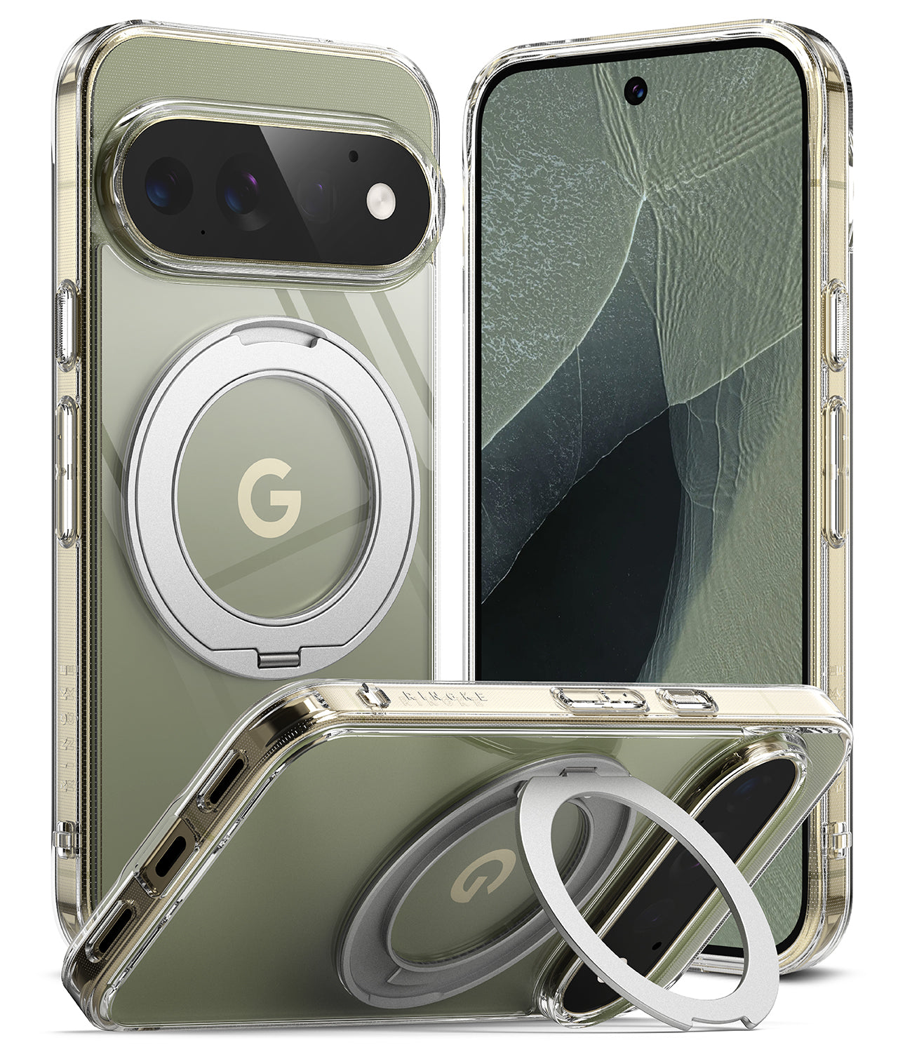 Google Pixel 11 Pro Case | Fusion Ring - A clear protective phone case with a metallic silver MagSafe-compatible ring holder, shown on a smartphone from multiple angles against a white background.