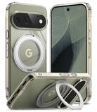 Google Pixel 11 Pro Case | Fusion Ring - A clear protective phone case with a metallic silver MagSafe-compatible ring holder, shown on a smartphone from multiple angles against a white background.