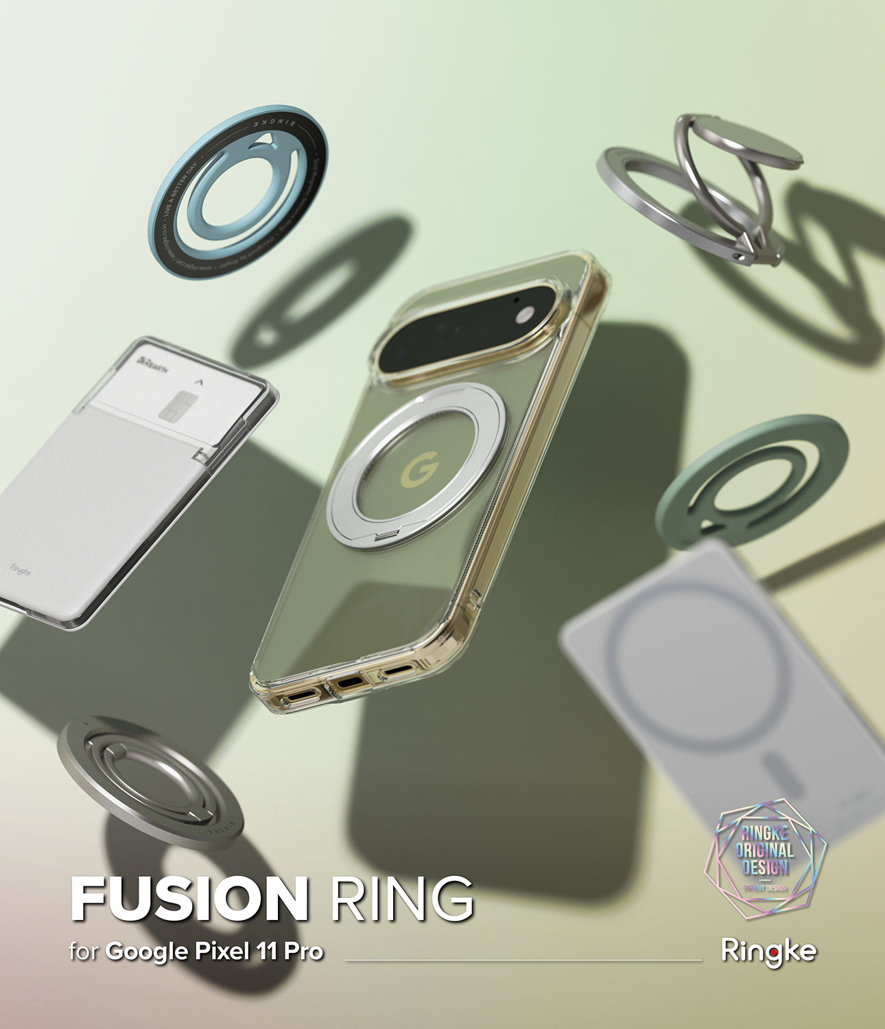 Google Pixel 11 Pro Case | Fusion Ring - A transparent gold phone case with a built-in ring stand, shown floating around a Google Pixel phone on a pale green gradient background. The case has a circular MagSafe-compatible magnetic ring on the back and is labeled 'FUSION RING' with color name 'Ringke'.