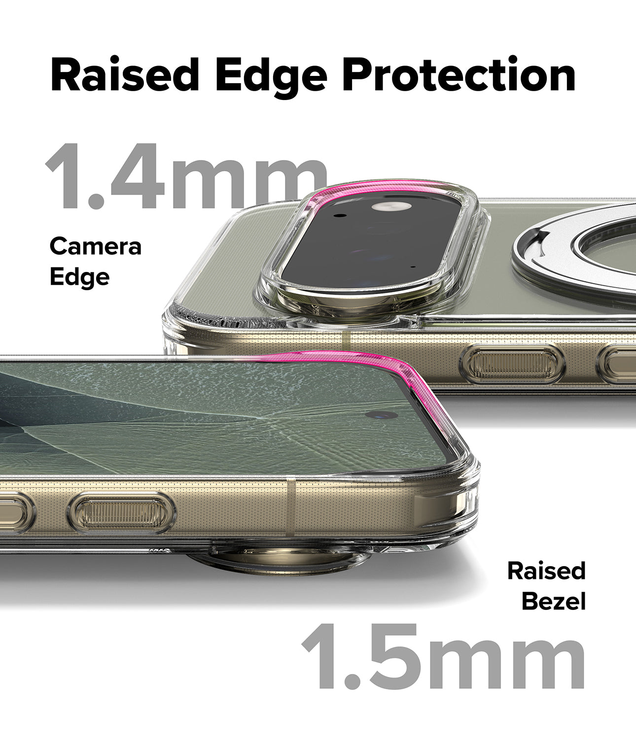 Google Pixel 11 Pro Case | Fusion Ring - Transparent phone case with raised camera and bezel protection, shown on a phone from the back and side. The image includes text labels indicating 1.