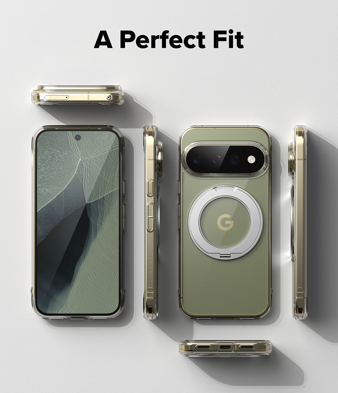 Google Pixel 11 Pro Case | Fusion Ring - A phone case shown from multiple angles on a light gray background, with the text 'A Perfect Fit' at the top. The case is olive green on the back with a silver MagSafe ring, and the phone inside has a cracked screen display.