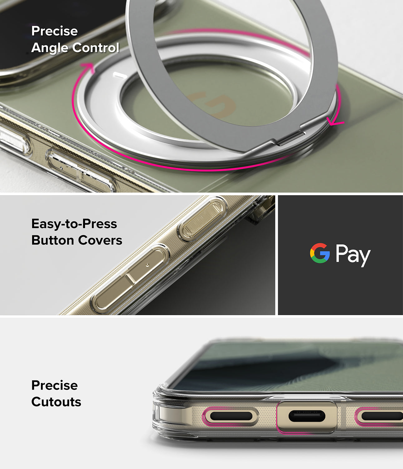Google Pixel 11 Pro Case | Fusion Ring - Three-panel product feature graphic showing a transparent phone case with metallic gold-toned side buttons and a circular magnetic ring accessory. Text reads 'Precise Angle Control,' 'Easy-to-Press Button Covers,' and 'Precise Cutouts,' with a Google Pay logo in the center panel.