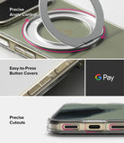 Google Pixel 11 Pro Case | Fusion Ring - Three-panel product feature graphic showing a transparent phone case with metallic gold-toned side buttons and a circular magnetic ring accessory. Text reads 'Precise Angle Control,' 'Easy-to-Press Button Covers,' and 'Precise Cutouts,' with a Google Pay logo in the center panel.