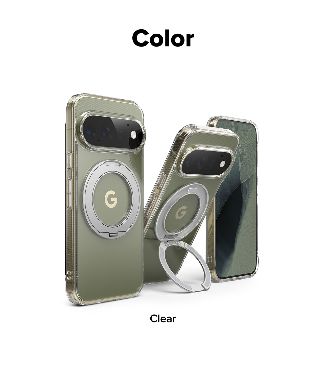 Google Pixel 11 Pro Case | Fusion Ring - Three views of a clear phone case with a metallic silver magnetic ring stand, shown on a white background with the text 'Color' and 'Clear'.