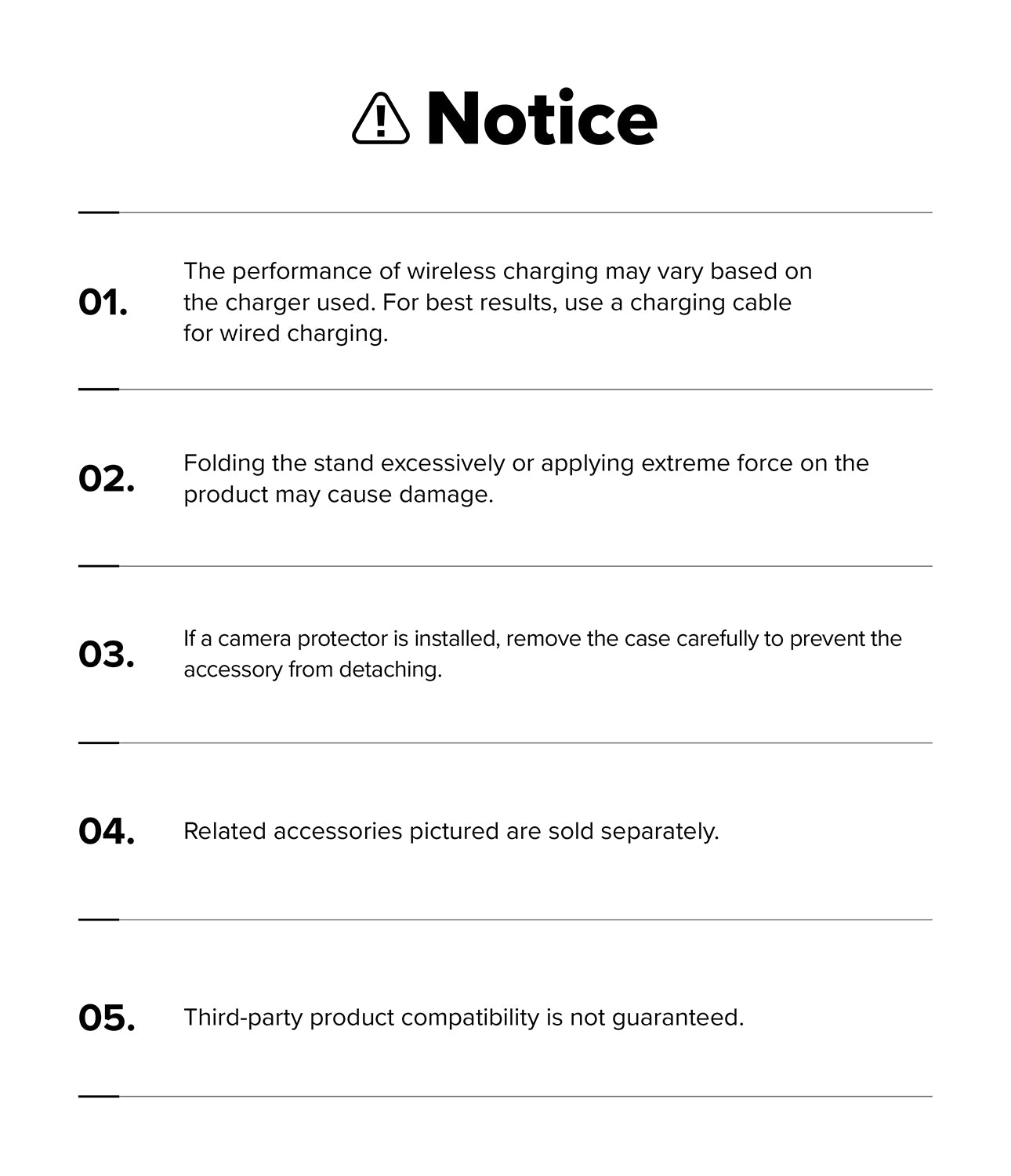 Google Pixel 11 Pro Case | Fusion Ring - A white digital notice sheet with black text outlining five important warnings and tips for using a wireless charging stand, including compatibility and care instructions.