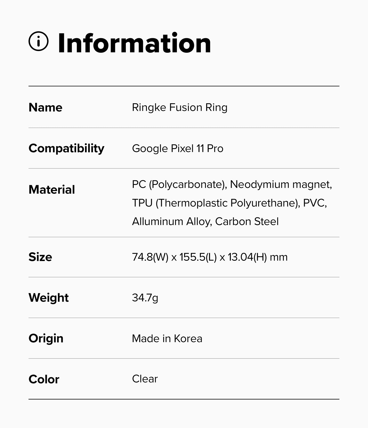 Google Pixel 11 Pro Case | Fusion Ring - A black and white specification sheet showing product information for a Ringke Alles case compatible with the Galaxy Z Fold8 Ultra. The table lists material, size, weight, and origin, with the color specified as Black.