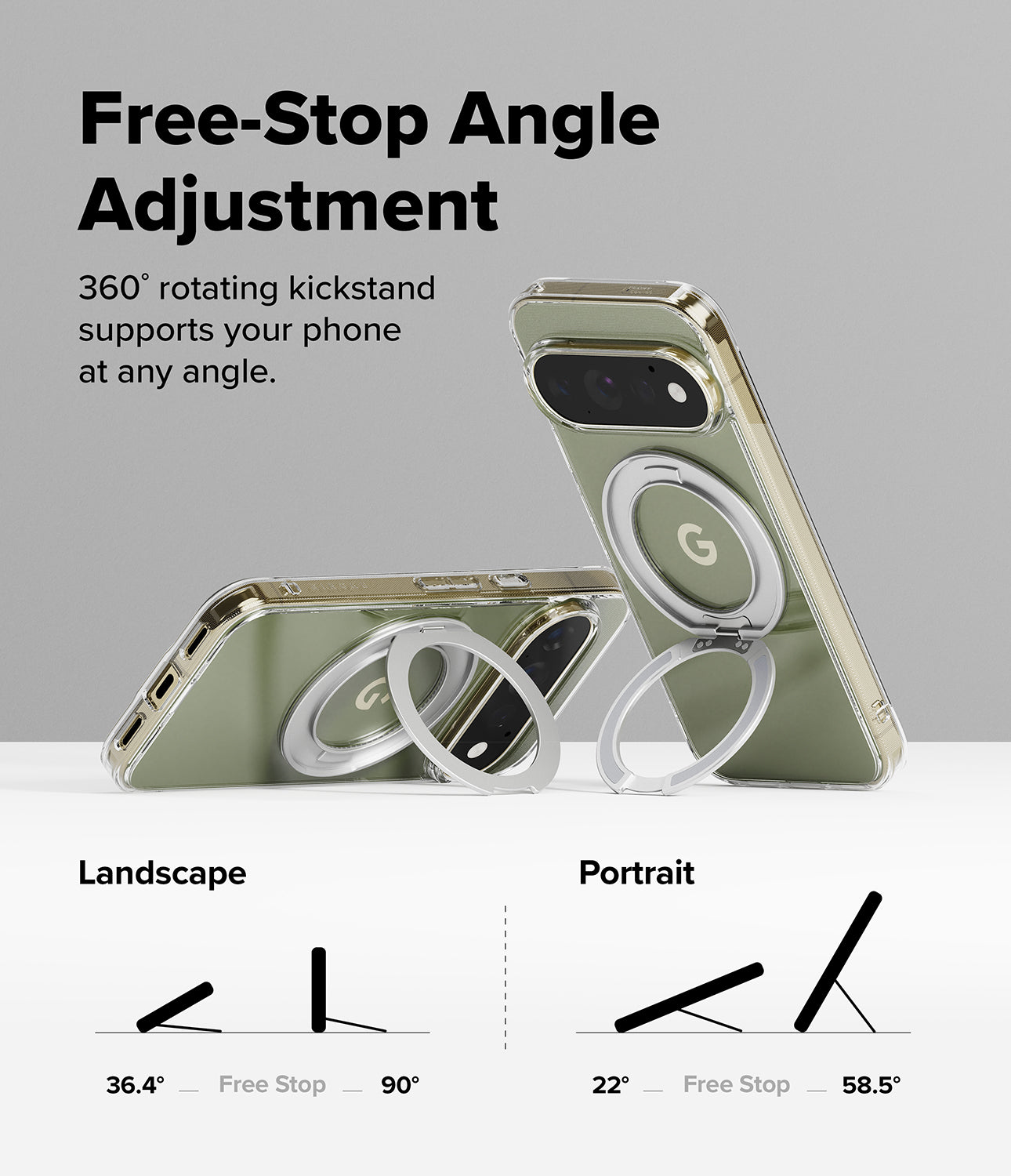 Google Pixel 11 Pro Case | Fusion Ring - A phone case with a circular magnetic ring kickstand shown on a light gray background, with text explaining free-stop angle adjustment and diagrams showing landscape and portrait angles.