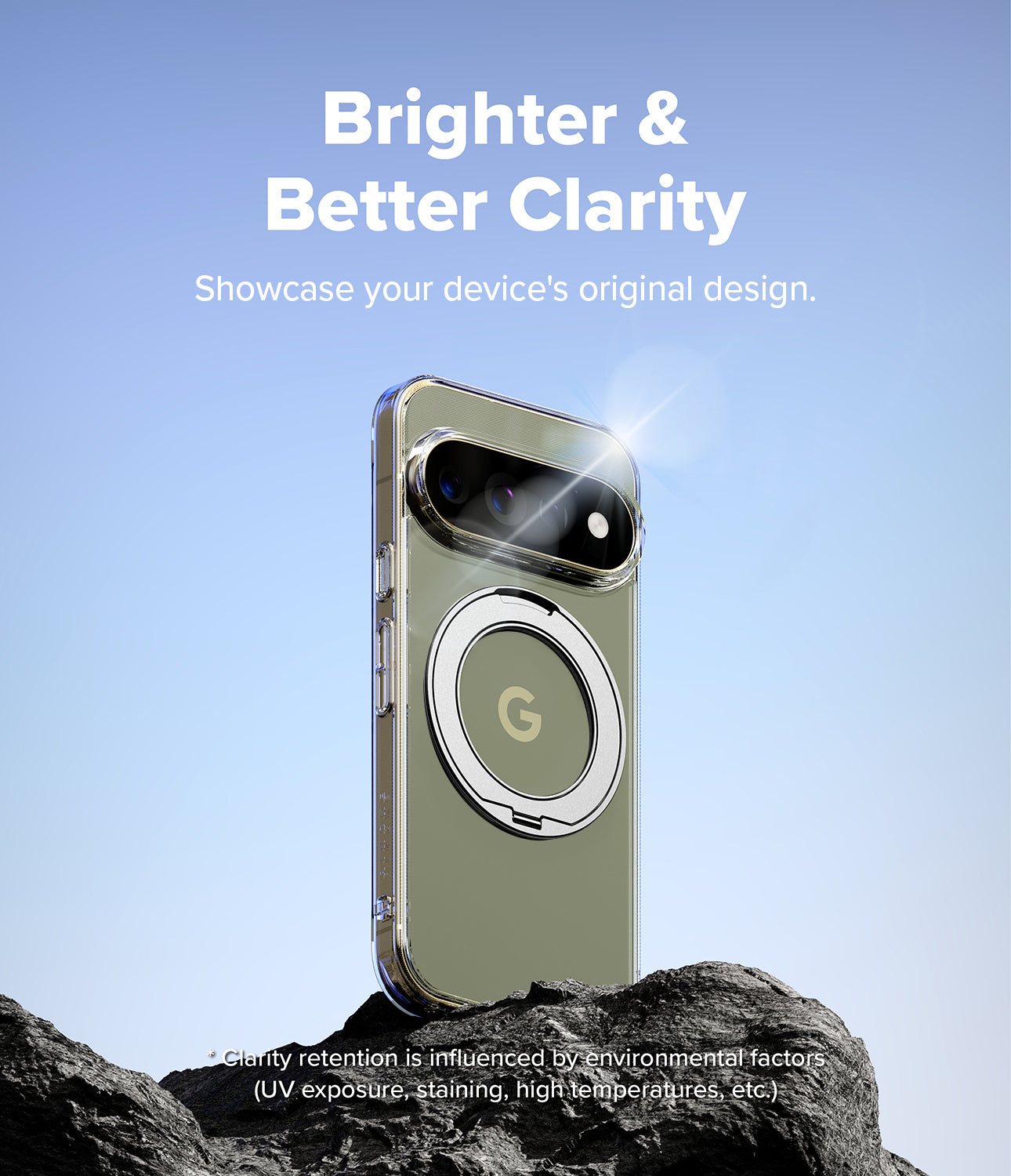 Google Pixel 11 Pro Case | Fusion Ring - A clear smartphone case with a metallic olive-green back panel and a circular MagSafe ring, shown standing on dark rocks against a blue sky. White text at the top reads 'Brighter & Better Clarity' and 'Showcase your device's original design.