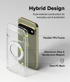 Google Pixel 11 Pro Case | Fusion Ring - A clear hybrid phone case with a metallic gold phone inserted, shown on a light gray background with text labels describing its features: flexible TPU frame, aluminum alloy and neodymium magnet, and hard PC back.