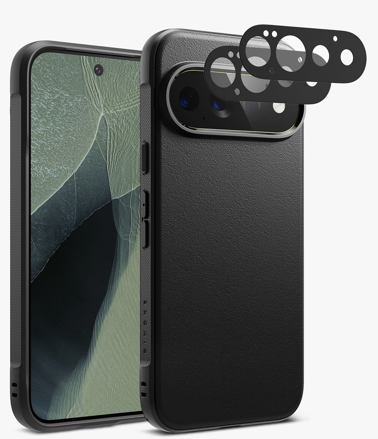 [Bundle] Google Pixel 11 Pro | Onyx (BK) + Camera Protectors - Black textured phone case shown from the back and side, with a matching black camera lens protector overlay, on a clean white background.