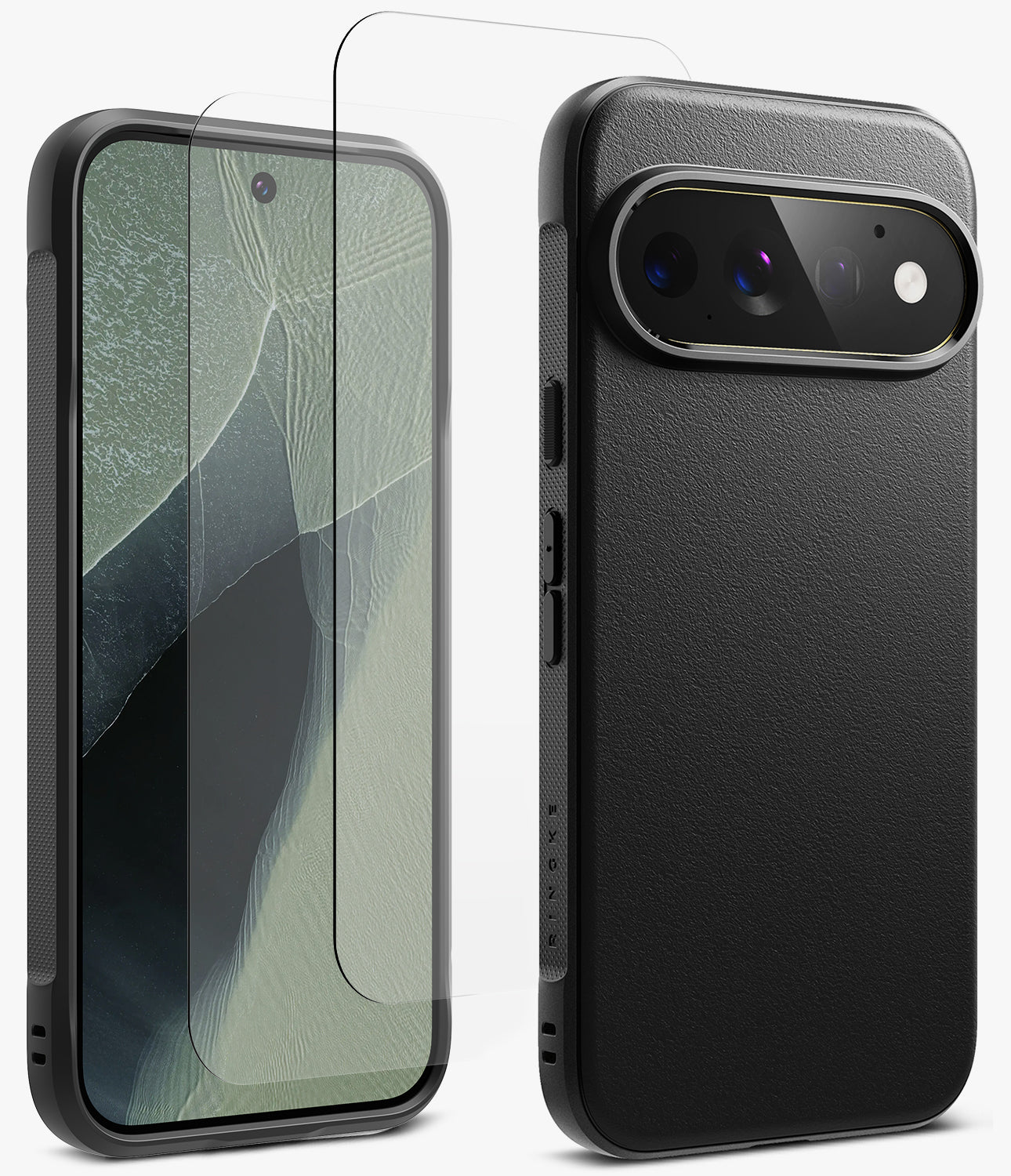 [Bundle] Google Pixel 11 Pro | Onyx (BK) + Screen Protectors - A black textured phone case shown from the back alongside a matching clear screen protector, displayed on a smartphone mockup against a clean white background.