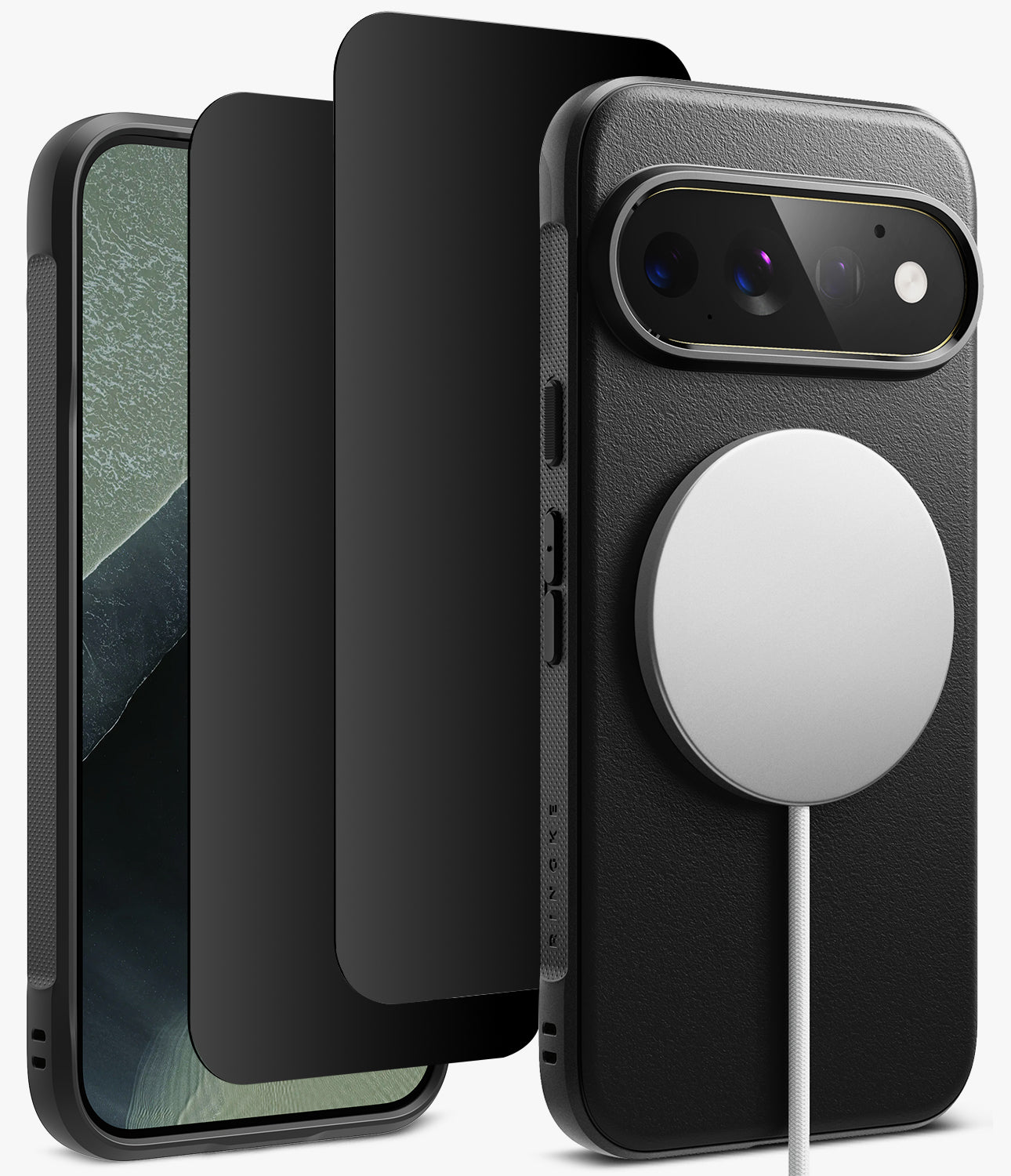 [Bundle] Google Pixel 11 Pro | Onyx Magnetic (BK) + 360° Privacy ProtectorsBlack protective phone case set shown on a smartphone, including a textured black back cover with a large circular MagSafe-style ring, a slim black bumper edge, and a matching black screen protector, all on a clean white background.- 